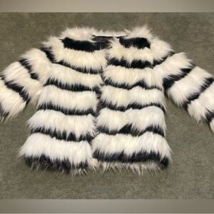 Gently Worn Black and White Striped Faux Fur Jacket